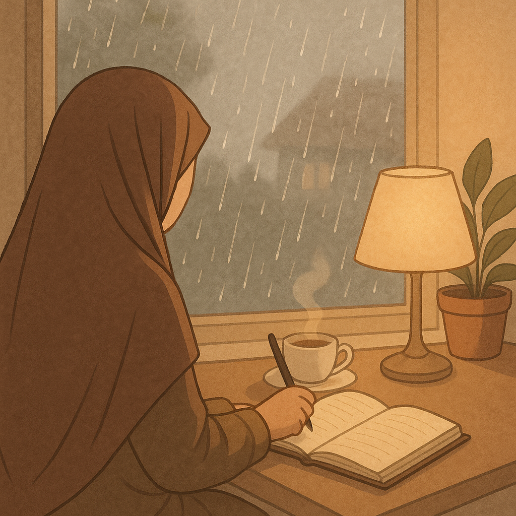 A Muslim woman staying calm and reflecting on suratul qalam after being mocked for practicing Islam – depicting handling mockery in Islam.