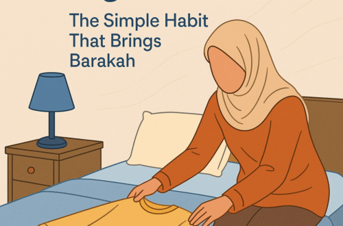 Muslim mom preparing the night before with folded clothes and school essentials for a smoother morning