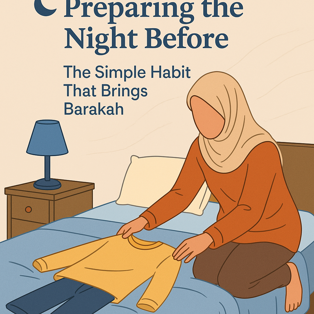Muslim mom preparing the night before with folded clothes and school essentials for a smoother morning
