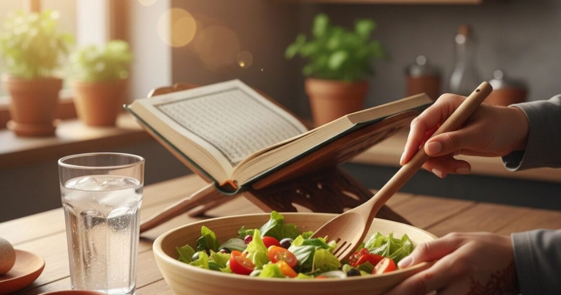 A Muslim woman practicing mindfulness while cooking in a sunny kitchen, with a glass of water and Quran on the counter.