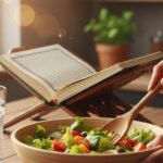 A Muslim woman practicing mindfulness while cooking in a sunny kitchen, with a glass of water and Quran on the counter.
