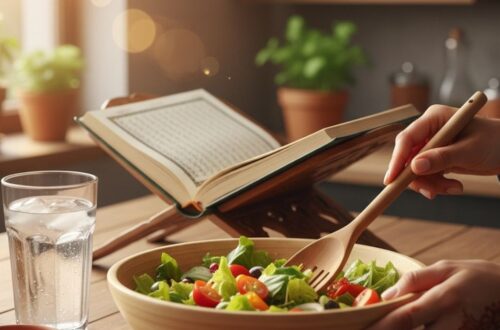 A Muslim woman practicing mindfulness while cooking in a sunny kitchen, with a glass of water and Quran on the counter.
