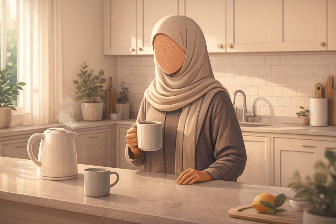 Faceless Muslim mother holding a cup of water in the kitchen, practicing the simple 30-second Sunnah-water self care ritual that Muslim moms can do in their kitchen to recharge body, mind, and soul.