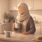 Faceless Muslim mother holding a cup of water in the kitchen, practicing the simple 30-second Sunnah-water self care ritual that Muslim moms can do in their kitchen to recharge body, mind, and soul.