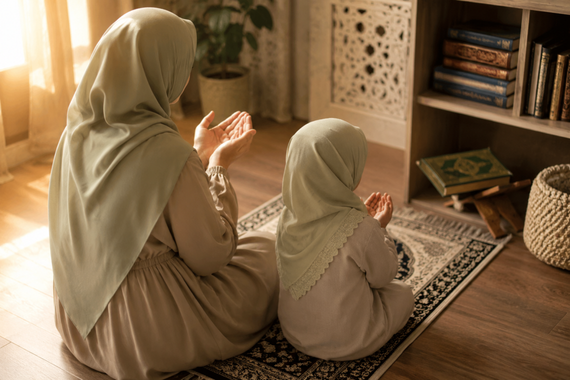 Modest Muslim mother and child sitting on a prayer mat with hands raised in dua, warm morning light filling a peaceful home.