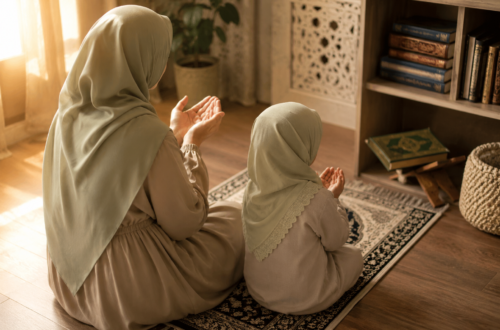 Modest Muslim mother and child sitting on a prayer mat with hands raised in dua, warm morning light filling a peaceful home.
