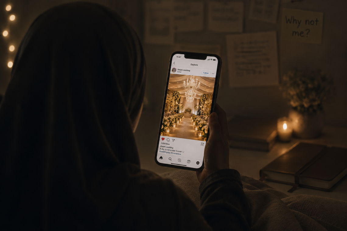 A Muslimah scrolling through social media, wishing to have the life she sees others portray
