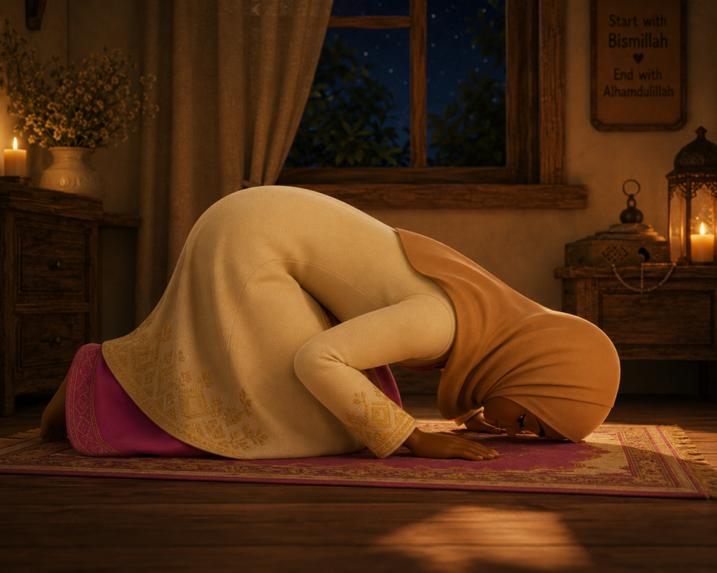 A 3D animated scene of a Muslim woman on a prayer mat from the short film The Divine Script.