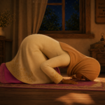 A 3D animated scene of a Muslim woman on a prayer mat from the short film The Divine Script.