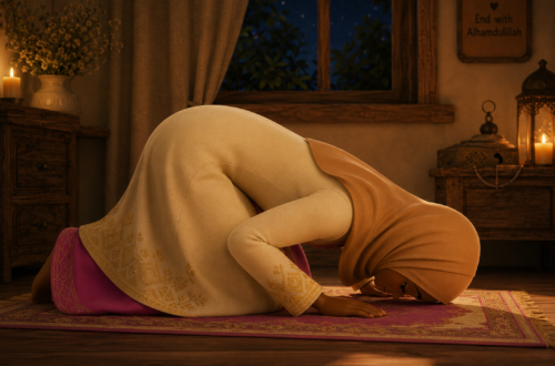 A 3D animated scene of a Muslim woman on a prayer mat from the short film The Divine Script.